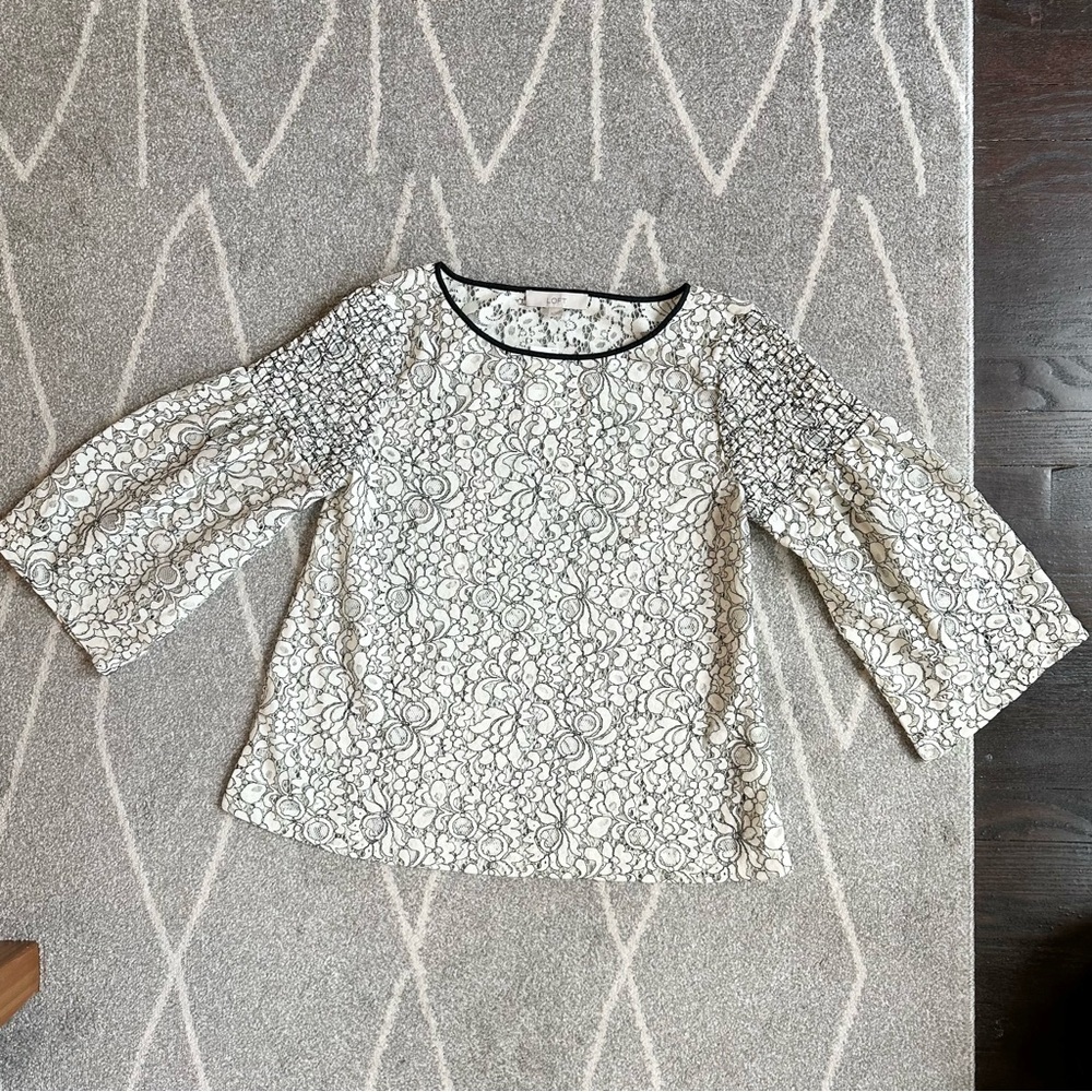 LOFT Ivory and Black Floral Ruffle Lace Boxy Blouse NWT